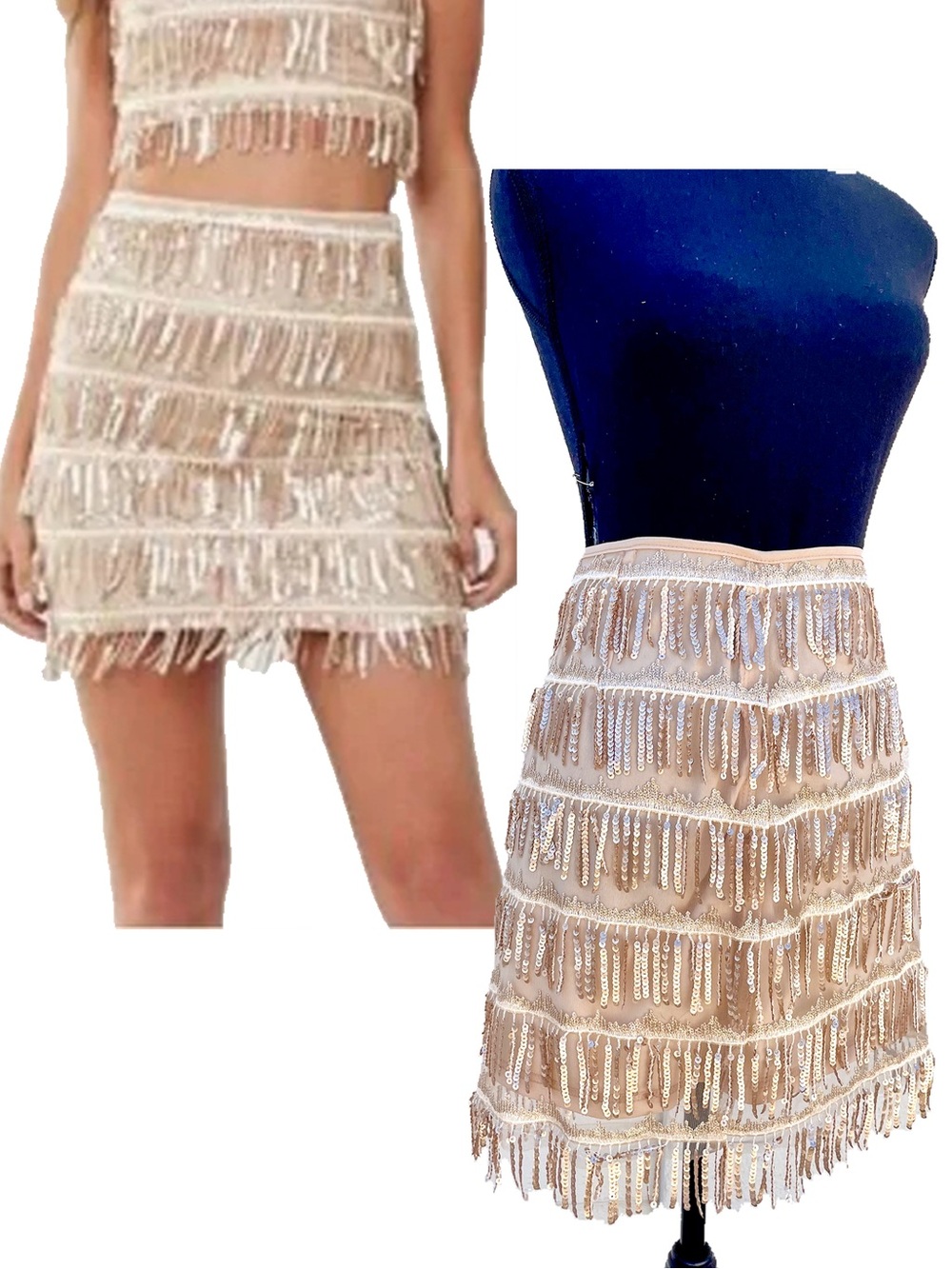Champagne Gold Sequin Fringe Mini Skirt 1920s Flapper Festival Bachelorette Sz M